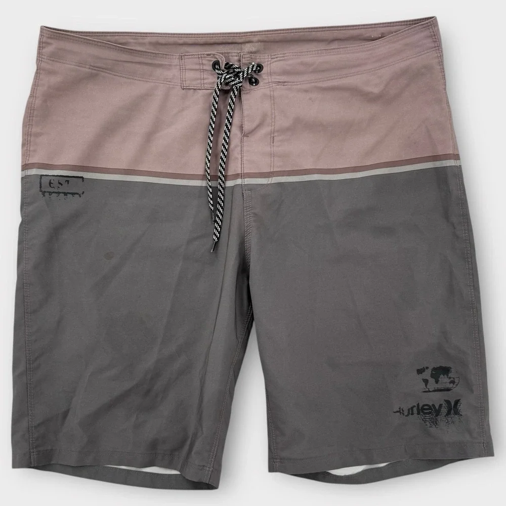 Hurley Board Shorts Mens 36 Gray Red Colorblock Stretch Drawstring Surf Swimwear